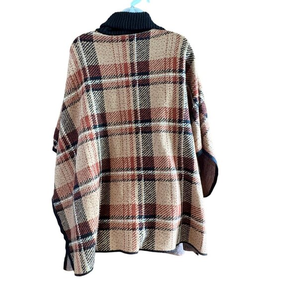 Tahari Sweater Cape Womens L XL Brown Plaid Dolman Sleeve Blanket Poncho Zip‎ Up - Picture 12 of 12